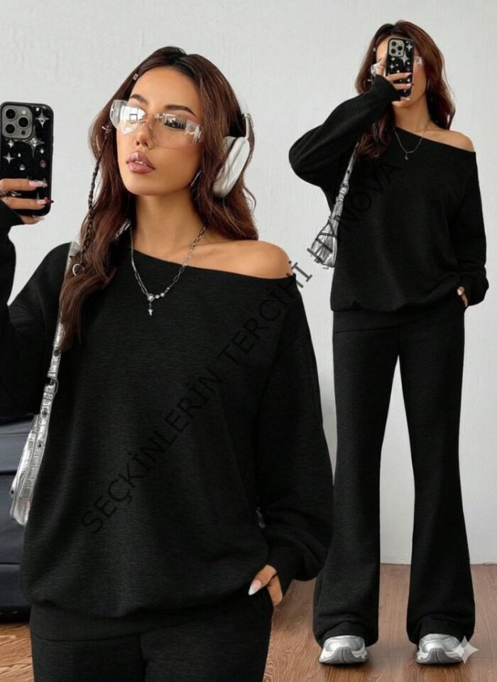Kadın Uzun Kollu Tek Omuzdan Açık Iki Iplik Bluz Ve Pantolon Ikili Takım