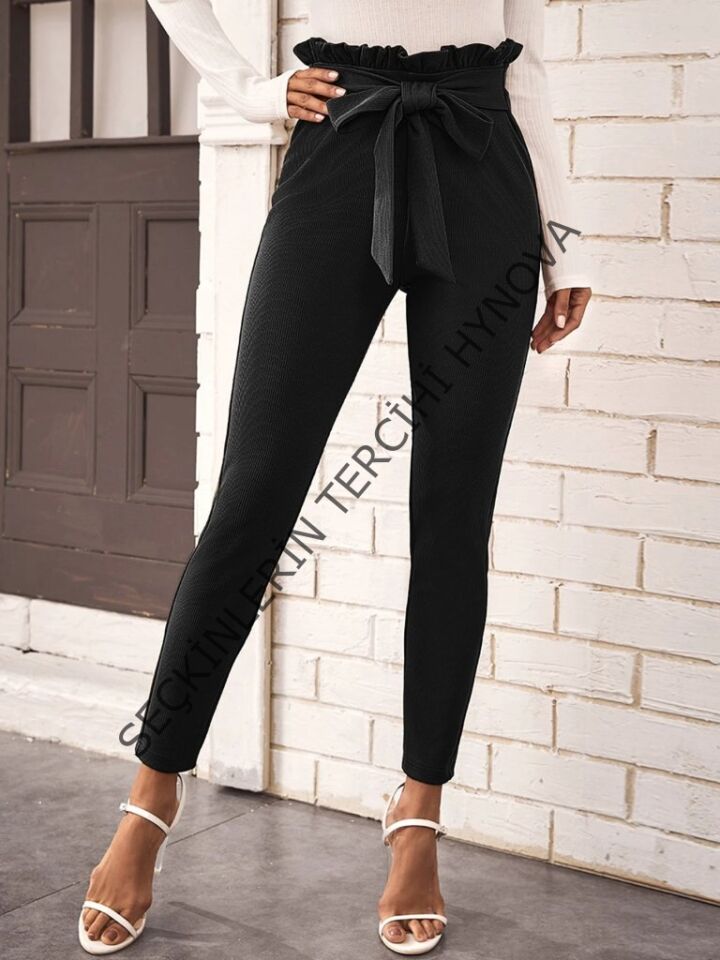 Kadın Yüksek Bel Beli Fırfırlı önden Bağlamalı Ithal Krep Pantolon
