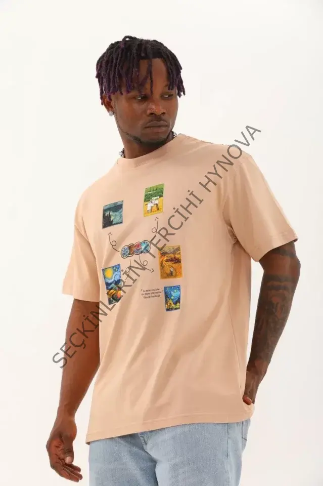 Unisex Oversize Baskılı Bisiklet Yaka T-Shirt - Bej