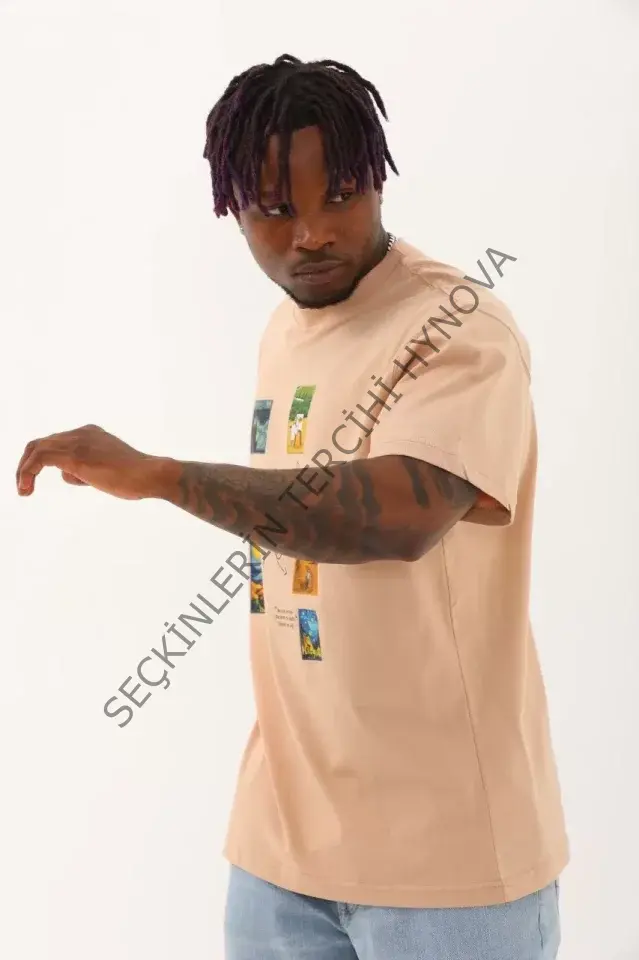 Unisex Oversize Baskılı Bisiklet Yaka T-Shirt - Bej