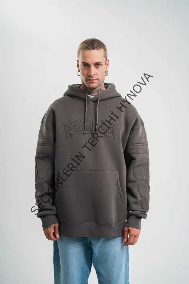 Erkek Nakış İşlemeli Kapşonlu Antrasit Sweatshirt Üç İplik Double Oversize- Füme