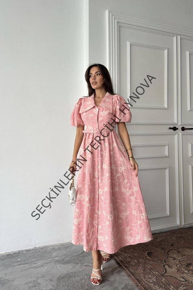 Pembe Bebe Yaka Balon Kollu Elbise