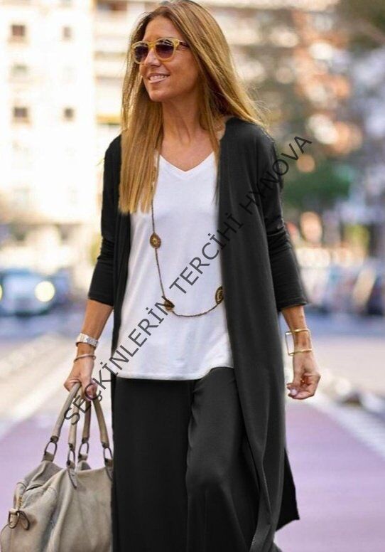 Kadın Uzun Kollu önü Açık Viskon Ceket Ve Pantolon Ikili Takım