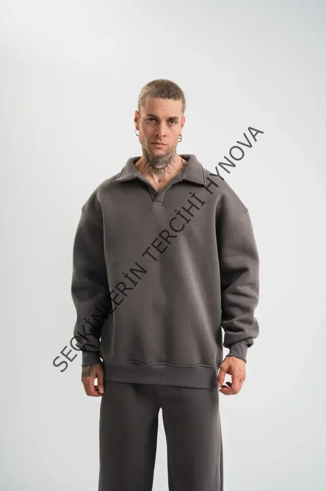 Erkek Patlı Yaka Üç İplik Pamuklu Sweatshirt Double Oversize Rahat Kalıp Günlük Kullanım - Füme