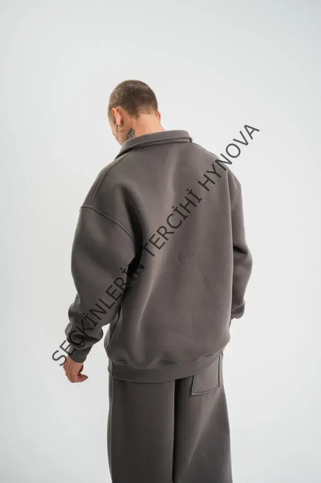 Erkek Patlı Yaka Üç İplik Pamuklu Sweatshirt Double Oversize Rahat Kalıp Günlük Kullanım - Füme