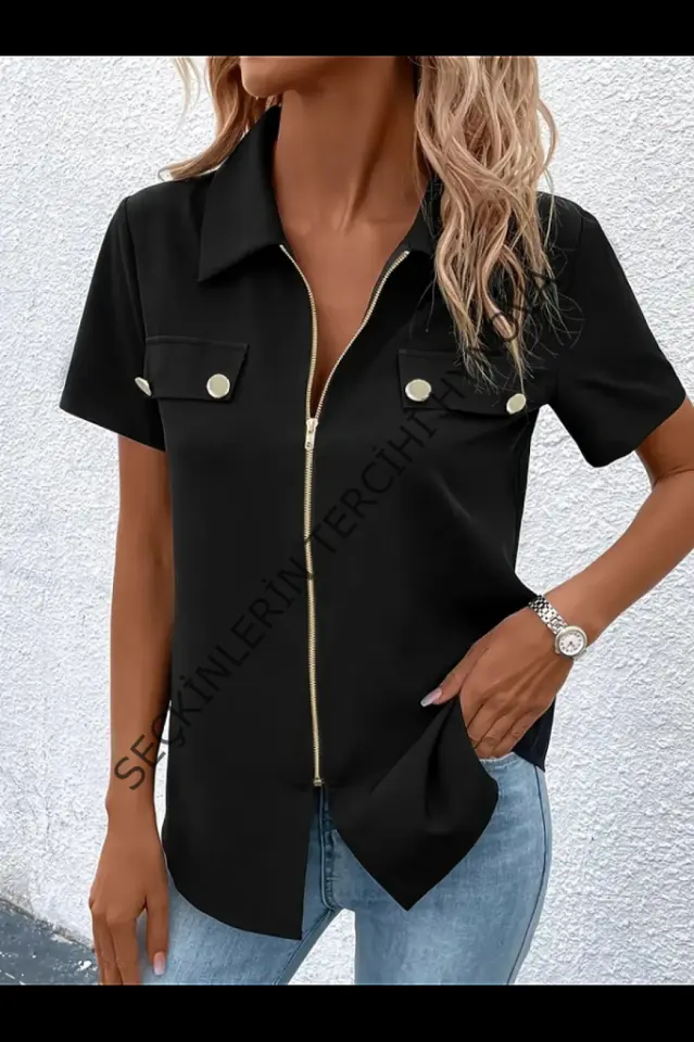 Kadın Kısa Kollu Ceket Yaka önü Fermuarlı Cep Detay Kısa Kol Ithal Krep Bluz