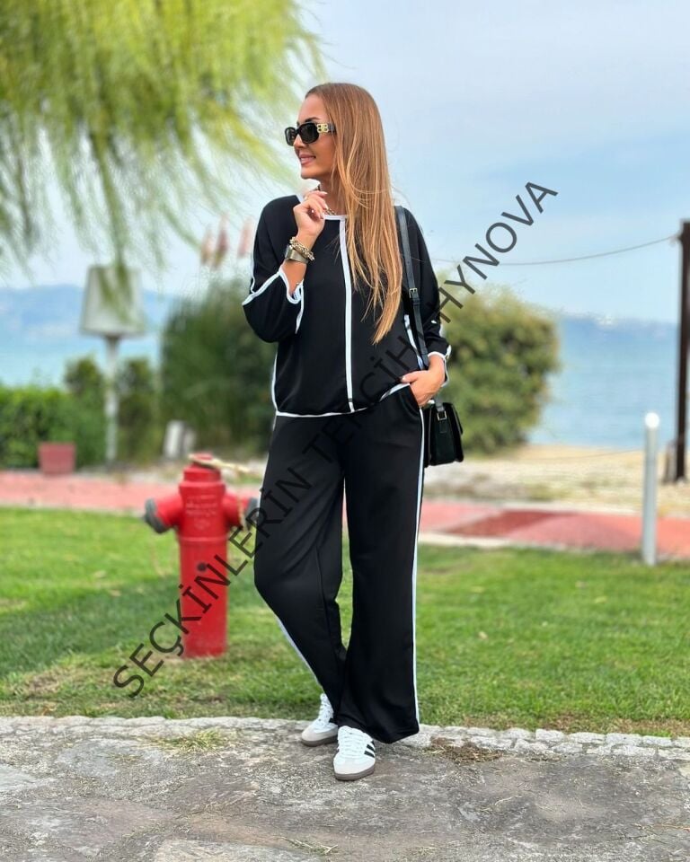 Kadın Bisiklet Yaka Truvakar Kol Biye Detay Bluz Ve Yüksek Bel Lastikli Pantolon Ikili Takım