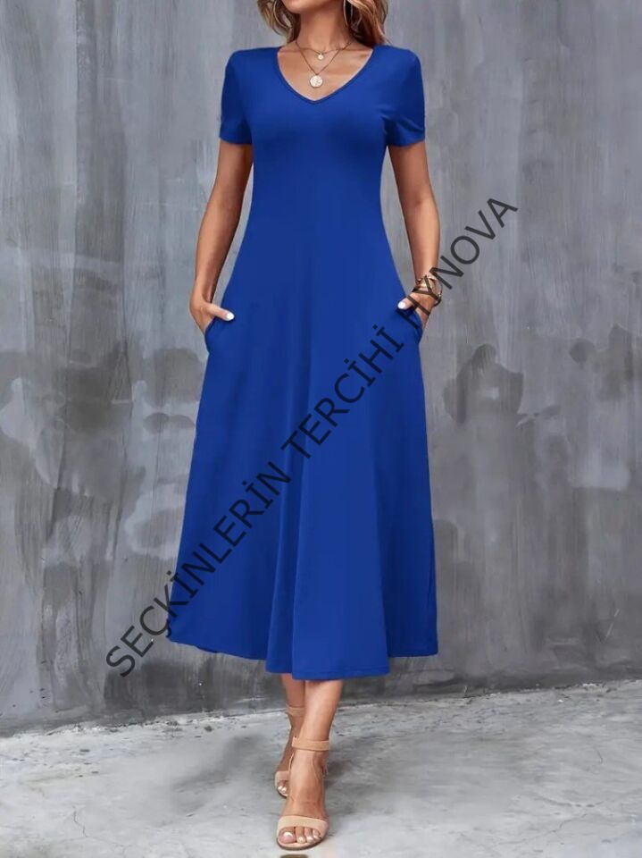 Kadın Kısa Kollu V Yakalı Cepli Viskon Elbise
