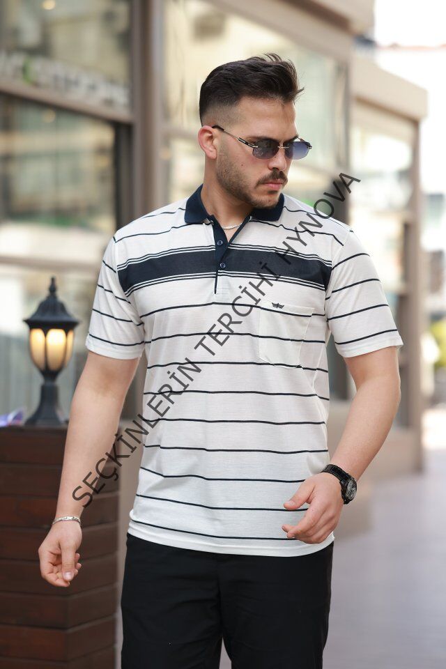 Erkek Yakalı çizgili Kısa Kollu T-shirt