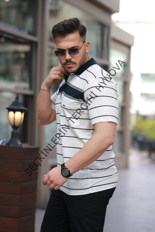 Erkek Yakalı çizgili Kısa Kollu T-shirt