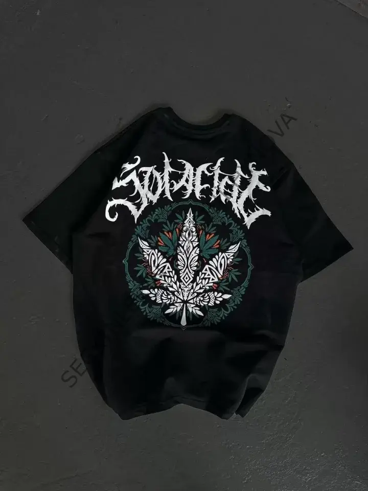 Unisex Bisiklet Yaka Baskılı Oversize T-Shirt - Siyah