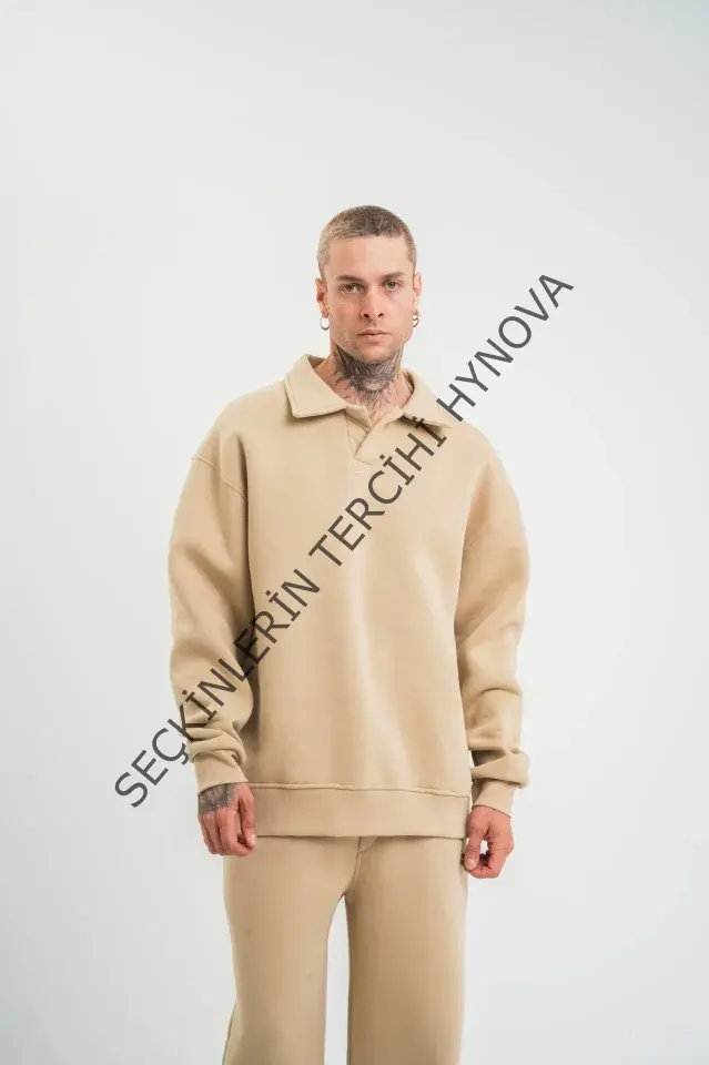 Erkek Patlı Yaka Üç İplik Pamuklu Sweatshirt Double Oversize Rahat Kalıp Günlük Kullanım – Bej