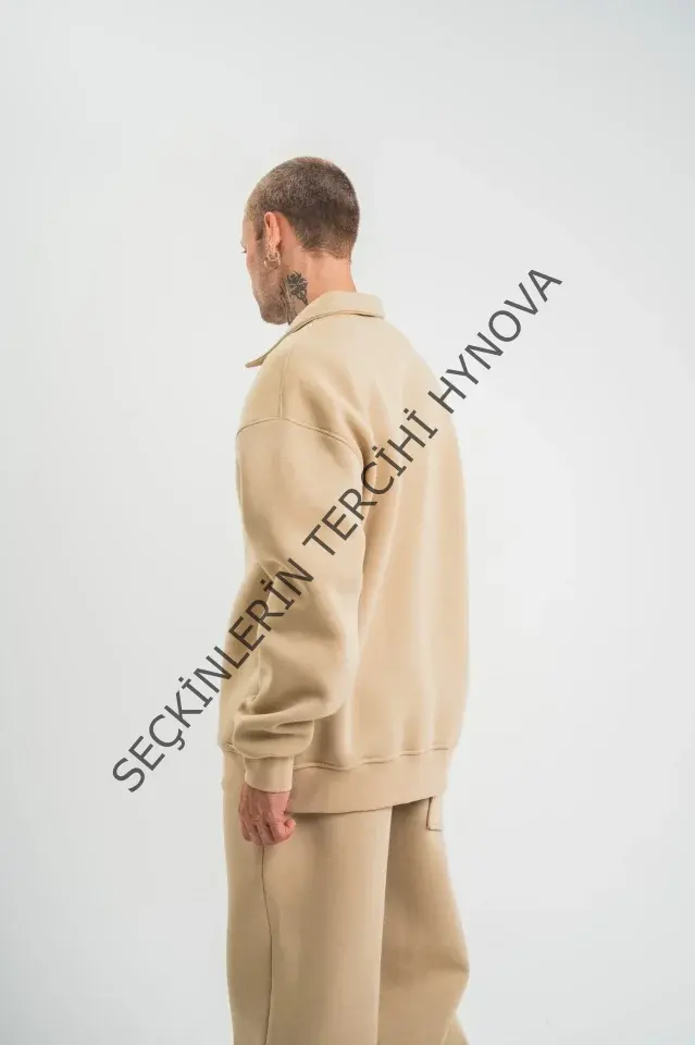 Erkek Patlı Yaka Üç İplik Pamuklu Sweatshirt Double Oversize Rahat Kalıp Günlük Kullanım – Bej