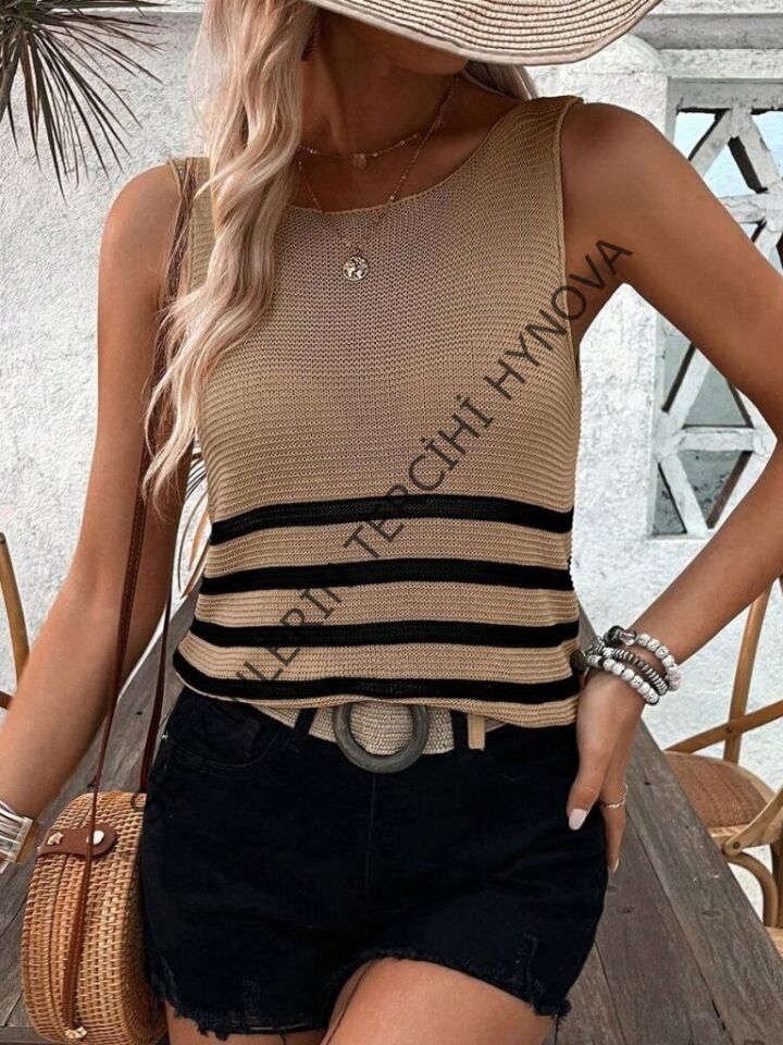 Kadın Sıfır Kol Yuvarlak Yaka şerit Detay Triko Bluz