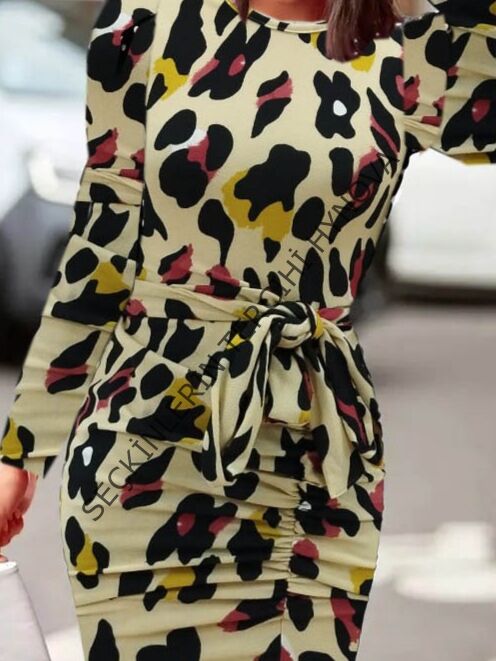 Kadın Uzun Kollu Yuvarlak Yaka Belden Kuşaklı önden Yırtmaçlı örme Krep Elbise