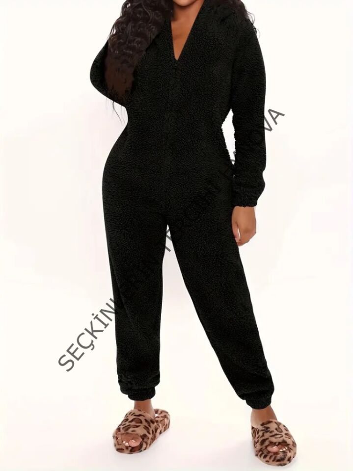 Kadın Uzun Kollu Kapüşonlu Tavşan Kulak Detaylı Peluş Tulum