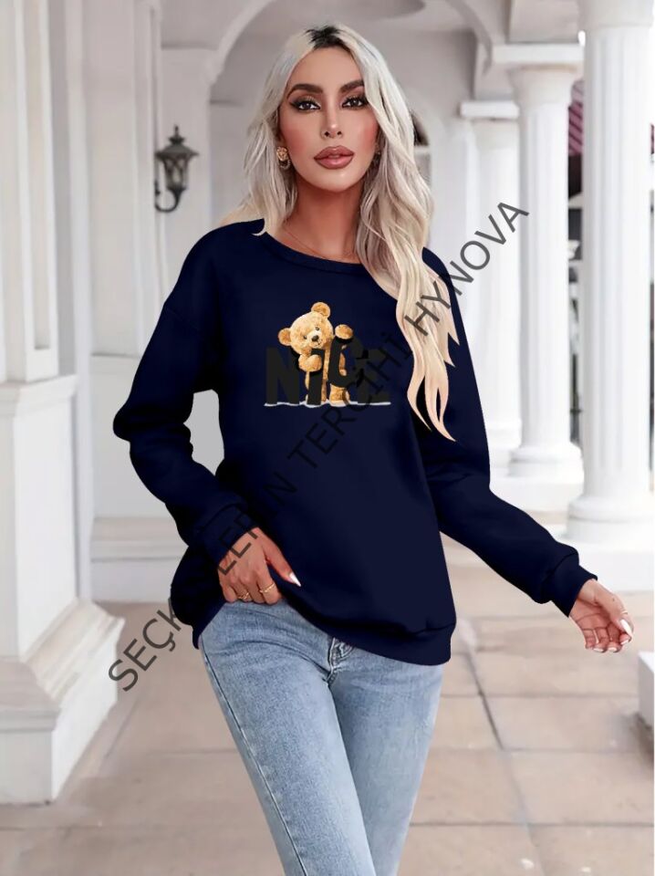 Kadın Uzun Kollu Bisiklet Yaka Viskon Iki Iplik Bluz