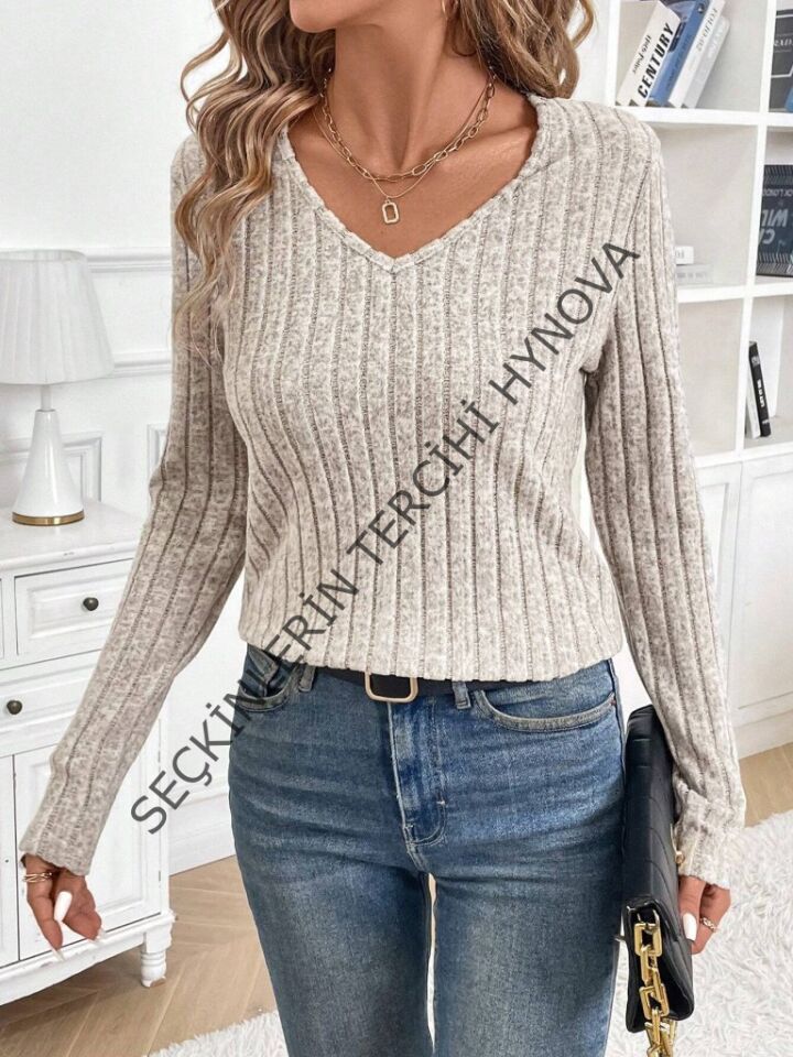 Kadın Uzun Kollu V Yakalı Arkadan Dantel Detaylı şardonlu Kaşkorse Bluz