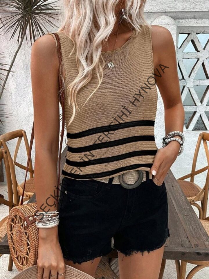 Kadın Sıfır Kol Yuvarlak Yaka şerit Detay Triko Bluz