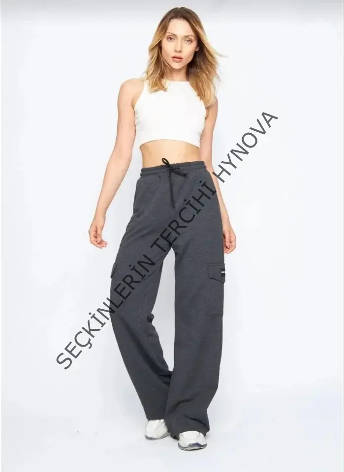 Yüksek Bel Kargo Cepli Palazzo Pantolon Oversize Bol Paça İki İplik Rahat Kesim - Antrasit