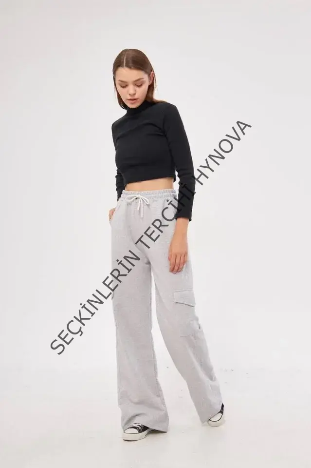 Kargo Cepli Palazzo Oversize Kesim İki Iplik Bol Paça Eşofman Altı Pantalon - Gri