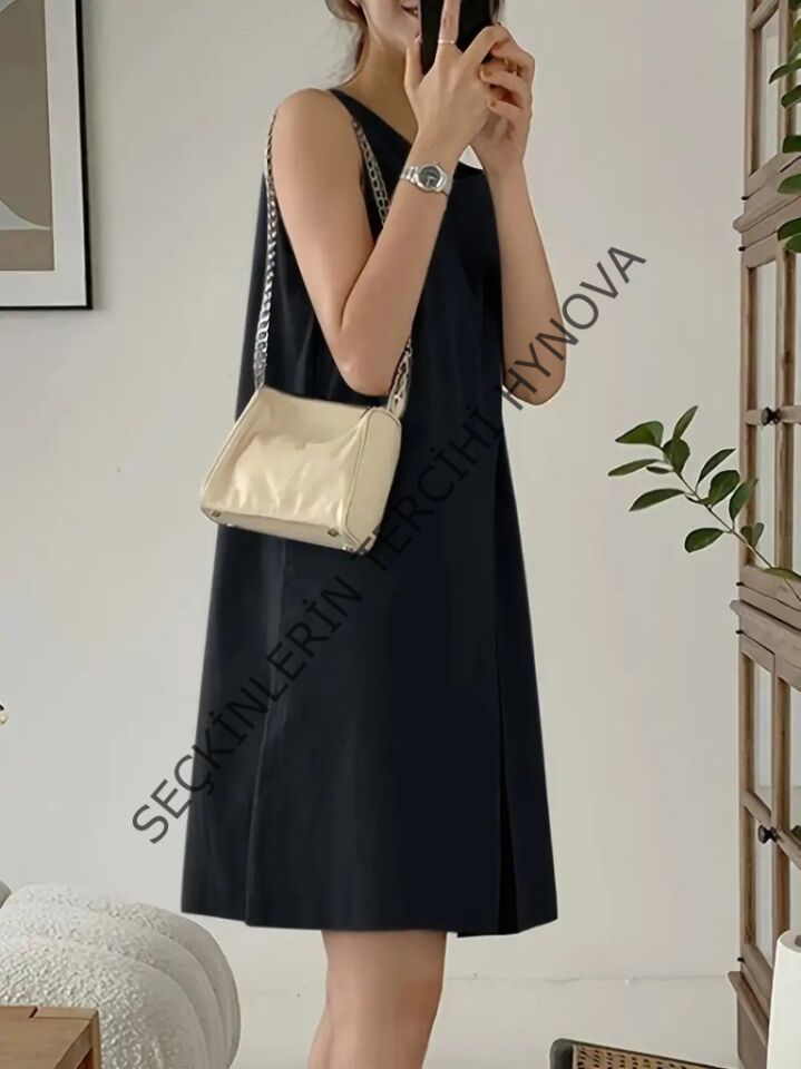 Kadın Askılı Sıfır Kol A Kesim Detaylı Ithal Krep Elbise