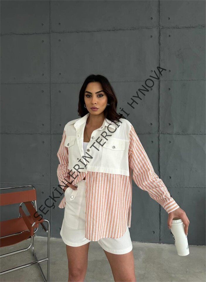 GABARDİN ŞORT - GABARDİN - ÇİZGİLİ KETEN GARNİLİ CEKET TAKIM - Orange