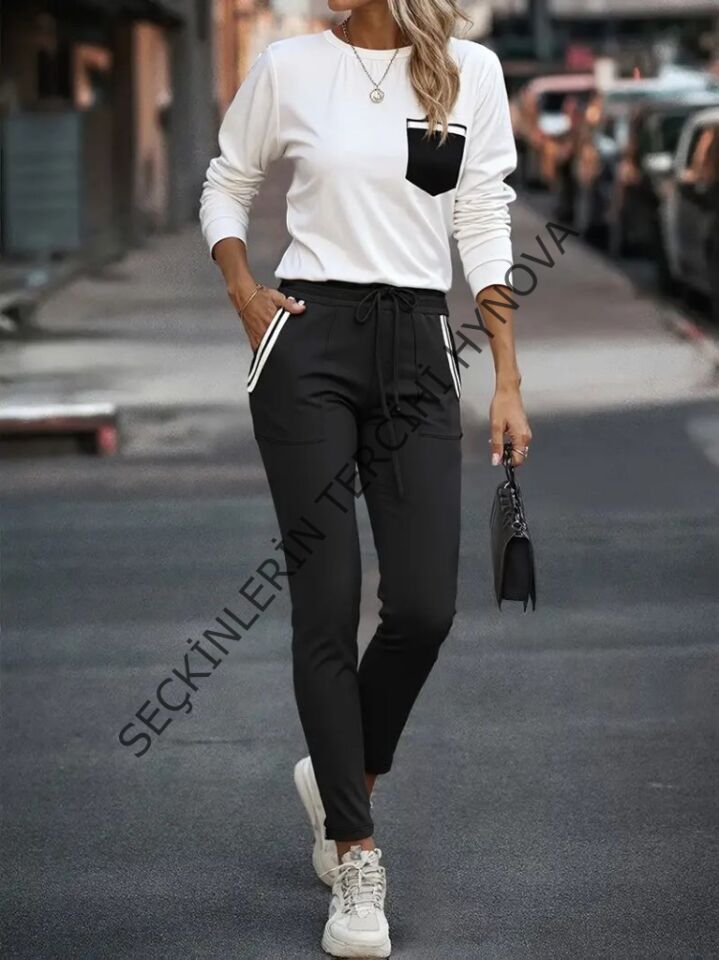 Kadın Uzun Kollu Bisiklet Yaka Cepli Viskon Iki Iplik Bluz Ve Pantolon Ikili Takım