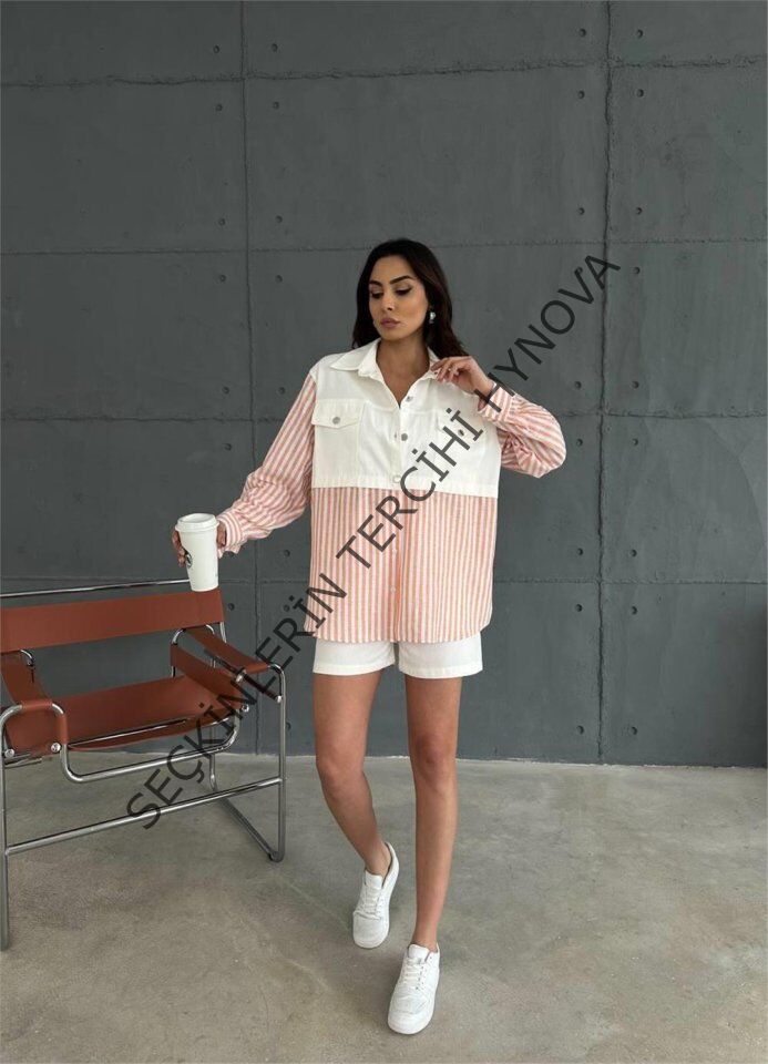 GABARDİN ŞORT - GABARDİN - ÇİZGİLİ KETEN GARNİLİ CEKET TAKIM - Orange