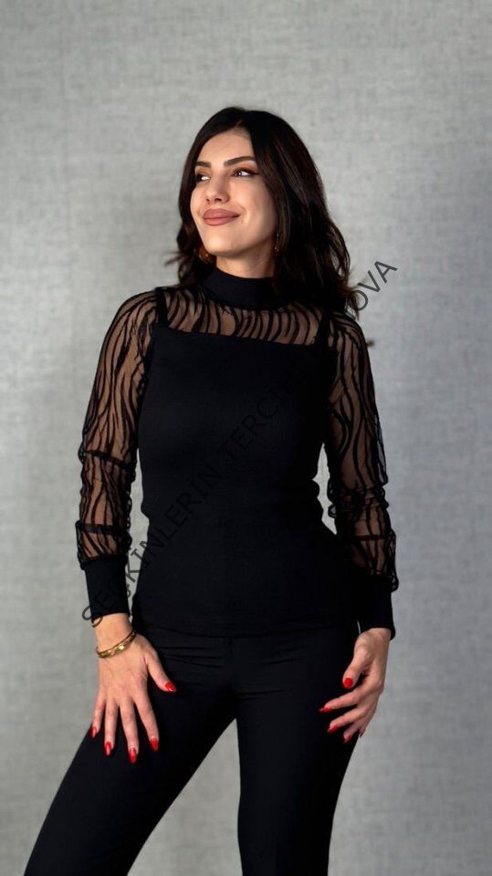 Kadın Uzun Kollu Bisiklet Yaka Kolları Tül Detay Kaşkorse Kumaş Bluz