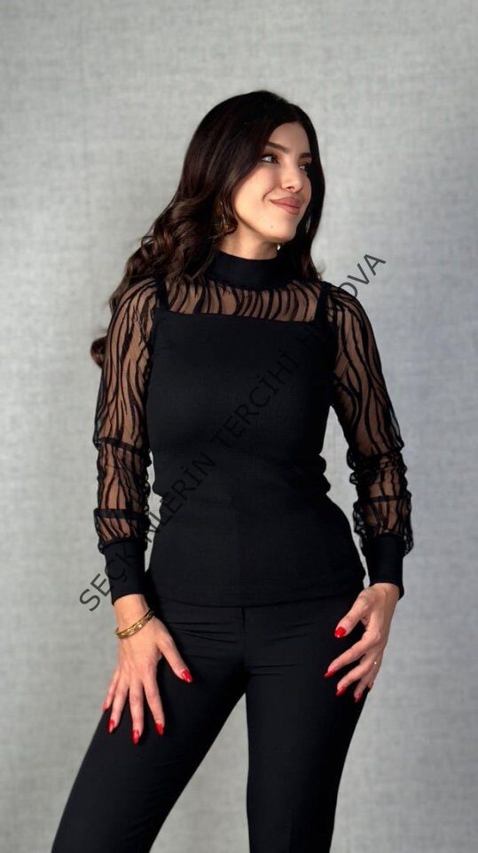 Kadın Uzun Kollu Bisiklet Yaka Kolları Tül Detay Kaşkorse Kumaş Bluz