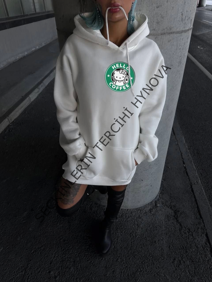 Üç İplik Penye Uzun Kol Kapşonlu SweatShirt - Beyaz