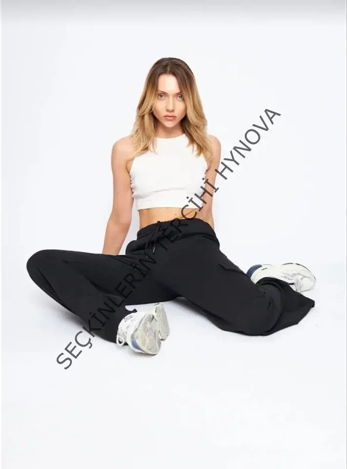 Kargo Cepli Palazzo Oversize Kesim İki Iplik Bol Paça Eşofman Altı Pantalon - Siyah