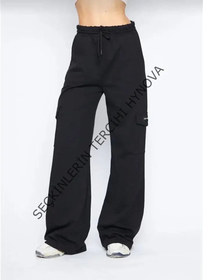 Kargo Cepli Palazzo Oversize Kesim İki Iplik Bol Paça Eşofman Altı Pantalon - Siyah