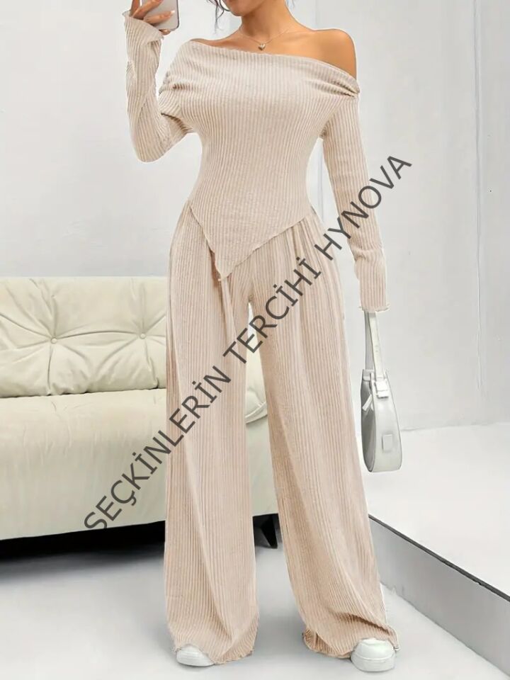 Kadın Uzun Kollu Omuzlardan Açık Asimetrik Kesim Kaşkorse Bluz Ve Pantolon Ikili Pantolon