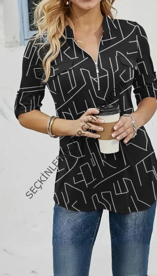 Kadın Uzun Kollu Hakim Yaka Yakadan Fermuarlı Geometrik Desenli Süprem Bluz