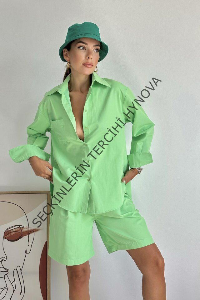 Fıstık Yeşili Önü Cepli Gömlek Ve Şort Takım
