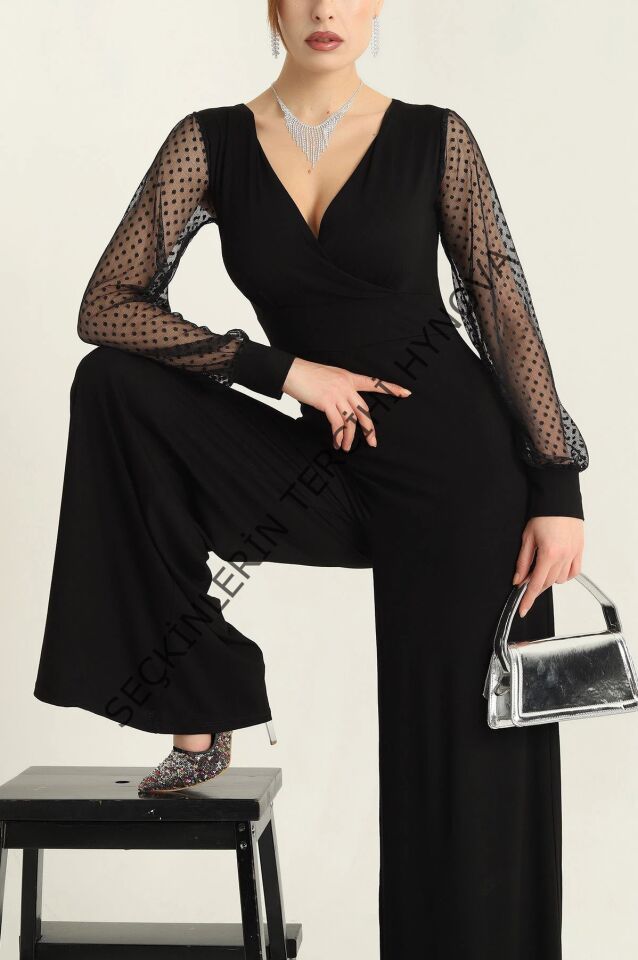 Kadın Derin V Yaka Kolları Puantiyeli Tül Detay Ispanyol Paça Tulum