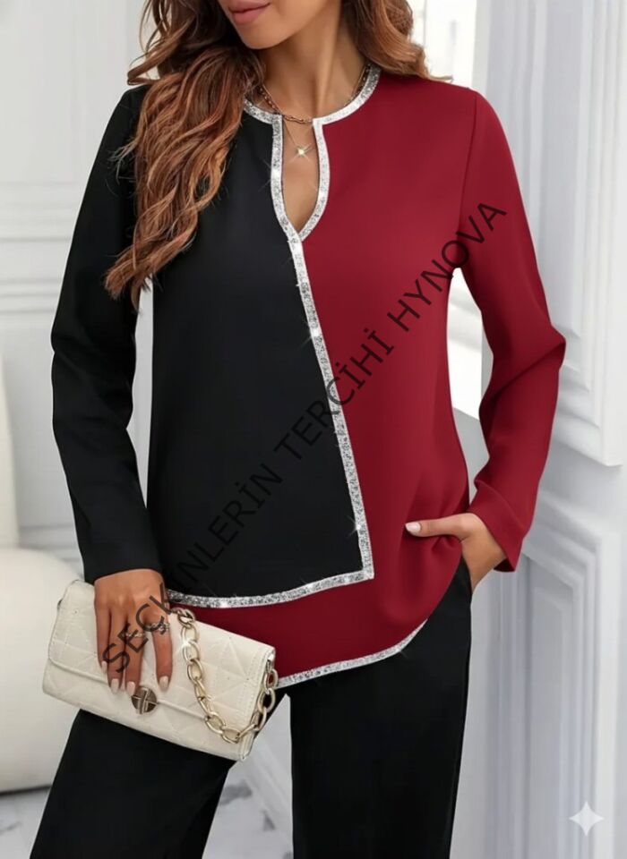 Kadın Uzun Kollu V Yakalı Pul Payet Işlemeli Ithal Krep Bluz