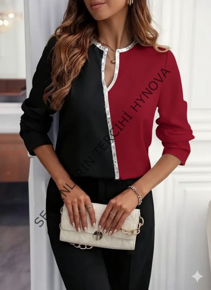Kadın Uzun Kollu V Yakalı Pul Payet Işlemeli Ithal Krep Bluz