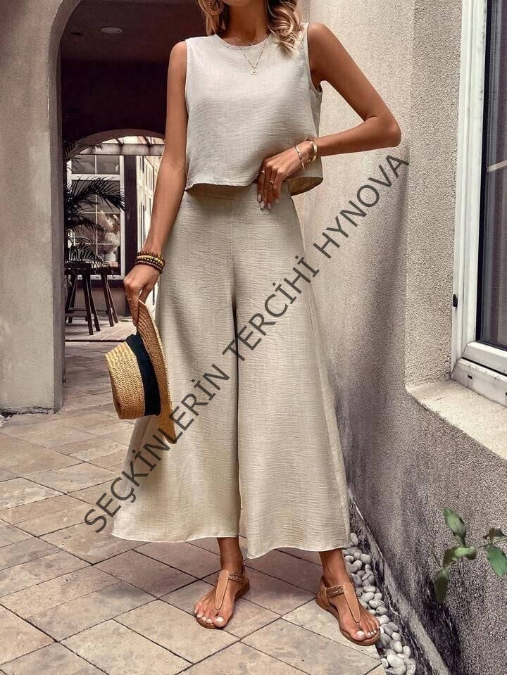 Kadın Bisiklet Yaka Kolsuz Bluz Ve Bol Paça Aerobin Kumaş Ikili Takım