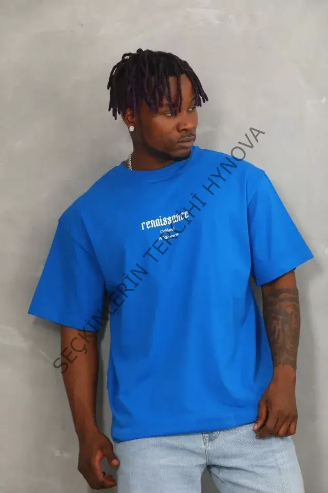 Unisex Oversize Baskılı Bisiklet Yaka T-Shirt - Mavi