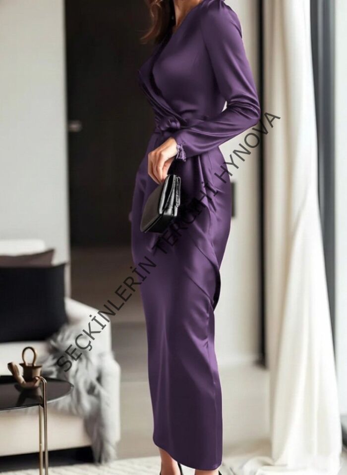 Kadın Uzun Kollu Kruvaze Yakalı Beli Kuşaklı Uzun Saten Elbise