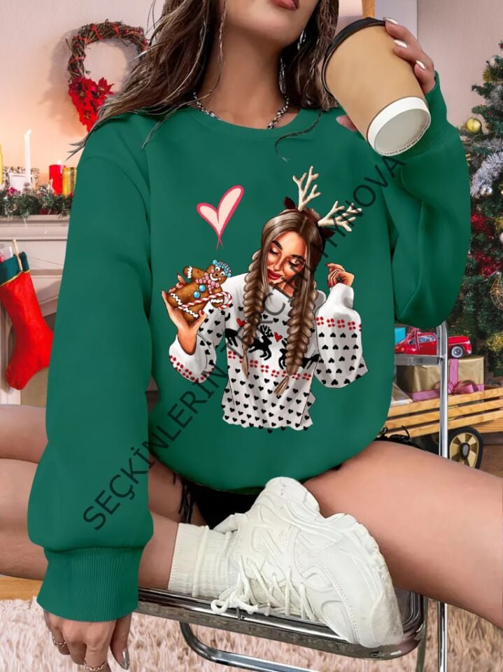 Kadın Yılbaşı Özel Uzun Kollu Bisiklet Yaka Desenli Viskon Iki Iplik Bluz