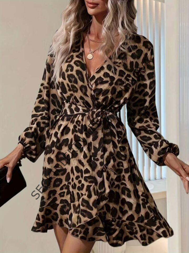 Kadın Uzun Kollu Kruvaze Yaka Belden Kuşaklı çapraz Kesim Detaylı Leopar Modal Mini Elbise