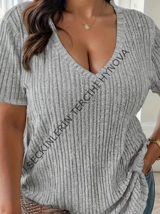 Kadın Kısa Kollu V Yaka Fitilli Kaşkorse Bluz