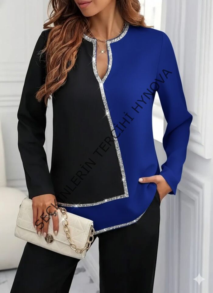 Kadın Uzun Kollu V Yakalı Pul Payet Işlemeli Ithal Krep Bluz