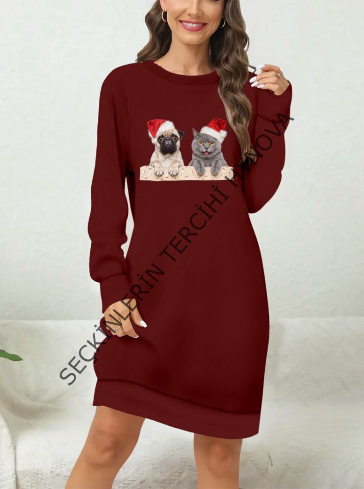 Kadın Uzun Kollu Bisiklet Yaka Desenli Viskon Iki Iplik Elbise