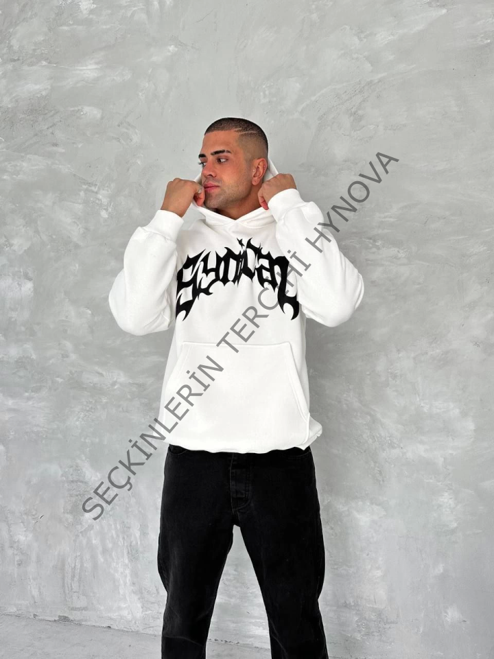 Unisex Üç İplik Kapşonlu Baskılı SweatShirt - Beyaz