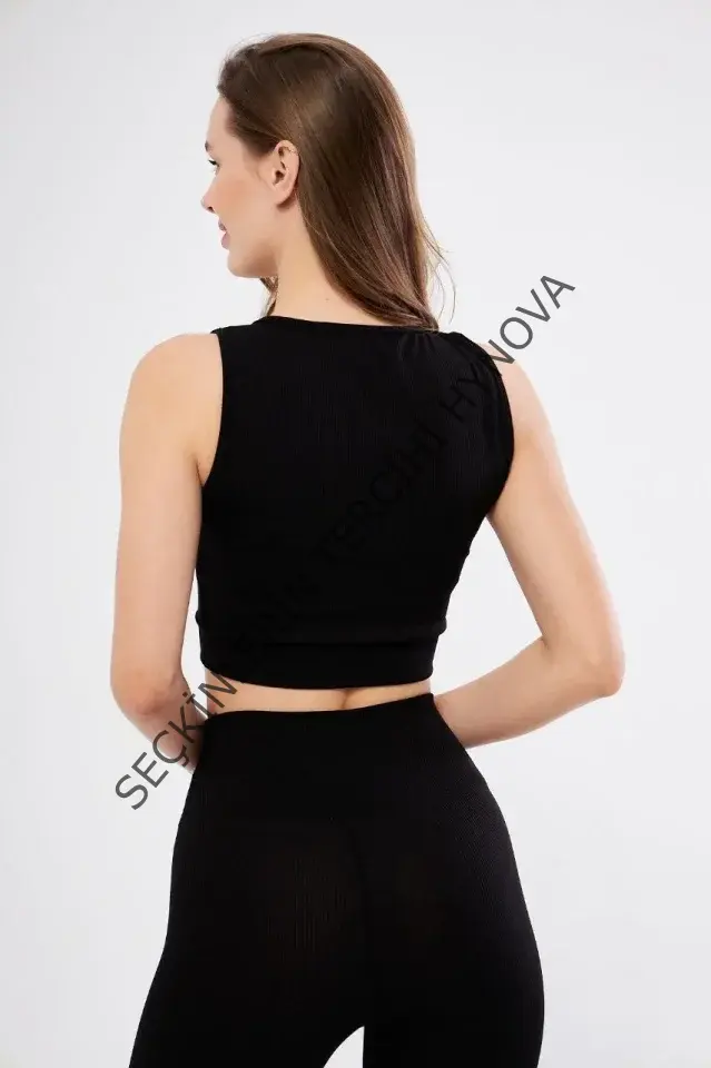 Fitilli Baskılı Crop - Siyah